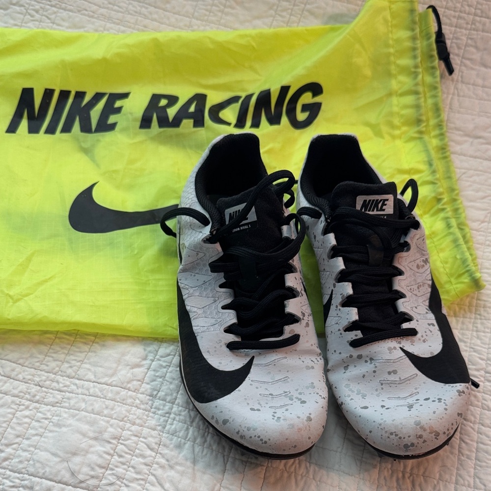 Nike White and Black Racing Track Spikes with Neon Yellow Bag